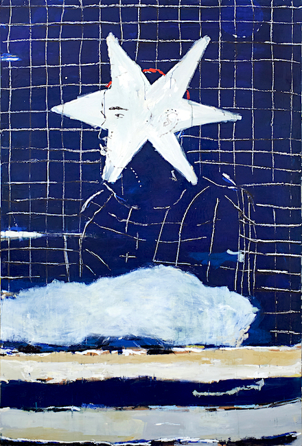 Antony Valerian: Mona Lisas Hands #5, 2020, oil on wood, 207 x 140 cm 

